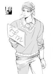  1boy absurdres bandana closed_mouth collared_shirt comic_panel_redraw cowboy_shot derivative_work gloves greyscale highres holding holding_sign ideksams looking_to_the_side male_focus monochrome reference_inset shirt short_hair sign simple_background sleeves_rolled_up solo spy_x_family standing sweater twilight_(spy_x_family) very_short_hair white_background 
