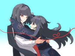  2girls araya_(project_moon) black_eyes black_hair blue_streaks coat coat_on_shoulders crying crying_with_eyes_open highres hug japanese_clothes kimono limbus_company long_hair mother_and_child mother_and_daughter multicolored_hair multiple_girls parent_and_child project_moon red_eyes ryoshu_(project_moon) shirt short_hair simple_background smile streaked_hair string string_of_fate tears vvv white_shirt 
