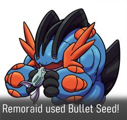  blue_skin colored_sclera colored_skin english_text fins fish gun half-closed_eyes head_fins holding holding_gun holding_pokemon holding_weapon mega_pokemon mega_swampert nostrils open_mouth orange_sclera pokemon pokemon_(creature) remoraid spcrashworks swampert weapon 