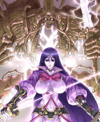  1girl armor bodysuit breasts commentary commentary_request doujigiri_yasutsuna_(fate) electricity fate/grand_order fate_(series) fingerless_gloves gax_(good2000) gloves holding holding_sword holding_weapon japanese_armor large_breasts long_hair looking_at_viewer minamoto_no_raikou_(fate) minamoto_no_raikou_(second_ascension)_(fate) parted_bangs purple_bodysuit purple_hair rope shimenawa skeleton solo sword violet_eyes weapon 