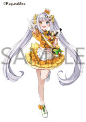  1girl :d apron blue_eyes breasts brown_eyes commentary_request frilled_apron frills full_body gloves grey_hair hair_ornament heterochromia holding holding_microphone kagura_gumi kagura_mea layered_skirt long_hair medium_breasts microphone midriff natsume_eri navel official_art orange_shirt orange_skirt outstretched_arm puffy_short_sleeves puffy_sleeves sample_watermark shirt shoes short_sleeves simple_background skirt smile solo standing standing_on_one_leg star_(symbol) star_hair_ornament twintails very_long_hair virtual_youtuber waist_apron watermark white_apron white_background white_gloves white_shoes 