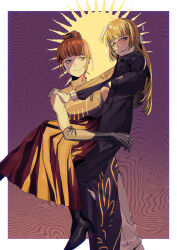  2girls absurdres ascot belt black_dress black_gloves black_shoes blunt_bangs blunt_ends blush brown_eyes brown_hair buttons carrying chinese_clothes commentary_request dress drooling elbow_gloves ga44717 gloves gradient_background hair_bun heavy_breathing high_heels highres long_hair looking_at_another mouth_drool multiple_girls orange_hair pants princess_carry pushing_away qipao red_skirt shoes siblings sisters skirt smile sun_symbol sweatdrop umineko_no_naku_koro_ni ushiromiya_eva ushiromiya_rosa white_ascot white_pants 