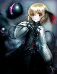  1girl blonde_hair chromatic_aberration claws cyberpunk glowing glowing_eyes hair_ribbon highres long_sleeves looking_at_viewer red_eyes ribbon rumia shirt skirt skirt_set solo spark621 touhou vest 