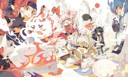  1boy 4girls arknights black_hair blonde_hair blue_hair bowl brother_and_sister chinese_commentary closed_eyes colored_extremities commentary_request creature dragon_bean_(arknights) dragon_boy dragon_girl dragon_horns dragon_tail dusk_(arknights) earrings eyeliner fire gourd hair_between_eyes hands_on_own_cheeks hands_on_own_face highres holding holding_bowl holding_gourd horns jewelry ling_(arknights) liuli_(xhs_8389233701) long_hair looking_at_viewer makeup multicolored_hair multiple_girls nian_(arknights) open_mouth orange_eyeliner plate pointy_ears ponytail red_eyes red_hair shu_(arknights) siblings sisters smile smoke streaked_hair tail violet_eyes white_hair yellow_hands yu_(arknights) 