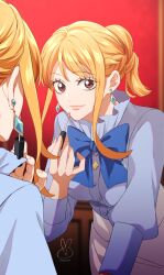  1girl absurdres applying_lipstick applying_makeup blue_bow blue_bowtie blue_shirt bow bowtie braid breasts brown_eyes commentary cosmetics earrings eyelashes hair_up highres holding holding_lipstick_tube jewelry large_breasts lipgloss lipstick_tube long_hair looking_at_viewer mirror nami_(one_piece) niina_1oo9 official_alternate_costume official_alternate_hairstyle one_piece one_piece_heroines orange_hair pink_lips puffy_short_sleeves puffy_sleeves red_background reflection shirt short_sleeves sidelocks skirt solo untranslatable_commentary upper_body white_skirt 
