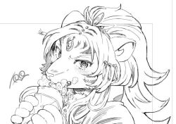  1girl animal_ears blush commentary_request durga_(housamo) eating food food_on_face forehead_jewel furry furry_female greyscale harada_(basashi) long_hair looking_at_viewer monochrome portrait sketch solo thick_eyebrows tiger_ears tiger_girl tokyo_afterschool_summoners 