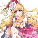  1girl asahina_mirai bear blonde_hair blue_eyes blush bow creature cure_miracle earrings gloves hair_bow hairband half_updo hat holding jewelry kurosawalena long_hair looking_at_viewer magical_girl mahou_girls_precure! mini_hat mini_witch_hat mofurun_(mahou_girls_precure!) one_eye_closed pink_hat pink_skirt ponytail precure red_bow skirt smile white_background white_gloves witch_hat 