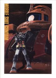  1970s_(style) aiming aiming_at_viewer beam_rifle border cable copyright_name earth_federation_space_forces energy_gun gun gundam highres holding holding_gun holding_weapon horns looking_at_viewer mecha mecha_focus mobile_suit mobile_suit_gundam no_humans official_art one-eyed_mecha ookawara_kunio painting_(medium) projected_inset red_eyes retro_artstyle robot roundel rx-78-2_gundam scan scope shadow shield shield_on_back single_horn space standing star_(sky) traditional_media v-fin weapon white_border yellow_eyes zaku_ii zaku_ii_s_char_custom zeon 