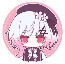  1girl beret black_hat border chibi copyright_notice flower gradient_hair hair_flower hair_ornament hat highres looking_at_viewer mahou_shoujo_no_majo_saiban multicolored_hair no_mouth official_art pink_eyes pink_hair profile_picture ribbon round_border sakuraba_ema shirt short_hair solo upper_body white_flower white_hair white_shirt x_hair_ornament 
