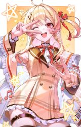  1girl absurdres ahoge bass_clef beamed_eighth_notes blonde_hair border commentary_request double_v dress eighth_note fingernails frilled_dress frilled_sleeves frills hair_ornament highres hololive hololive_dev_is long_hair musical_note musical_note_hair_ornament orange_dress otonose_kanade otonose_kanade_(1st_costume) piano_print red_ribbon ribbon roha_(2r0ha1745) smile star_(symbol) teeth thigh-highs thigh_strap upper_teeth_only v v_over_eye virtual_youtuber white_border 