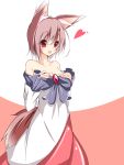  1girl alternate_hairstyle animal_ears asn_s bare_shoulders breasts brown_hair cleavage collarbone dress heart highres imaizumi_kagerou long_sleeves off_shoulder open_mouth red_eyes short_hair smile solo tail touhou wide_sleeves wolf_ears wolf_tail 