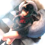  1girl ahri alternate_costume animal_ears artist_name bibiko black_hair crossed_legs fox_ears fox_tail highres league_of_legends long_hair looking_at_viewer multiple_tails red_scarf scarf sitting socks solo sweater tail whisker_markings yellow_eyes 