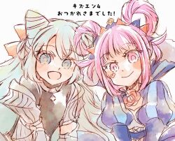  1boy 1girl blue_hair blunt_bangs commentary_request cone_hair_bun cross-laced_clothes cross-laced_dress dress facial_mark fire_emblem fire_emblem_engage folded_twintails fur_wrist_cuffs hair_bun hair_flaps hair_horns hair_rings heart heart_facial_mark hortensia_(fire_emblem) ichii_a multicolored_hair multicolored_tiara open_mouth pink_eyes pink_hair rosado_(fire_emblem) sidelocks striped_clothes striped_dress translation_request trap two-tone_hair vertical-striped_clothes vertical-striped_dress wrist_cuffs 