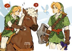  1boy artist_name blonde_hair blue_eyes boots brown_boots brown_gloves closed_mouth collared_shirt commentary cowboy_shot earrings epona fairy feet_out_of_frame fingerless_gloves gloves green_hat green_tunic hat heart holding holding_shield holding_sword holding_weapon horse horseback_riding jewelry link male_focus master_sword multiple_views navi pants parted_bangs phrygian_cap pointy_ears pyonteo riding shield shirt short_hair sketch smile sparkle spoken_heart standing sword the_legend_of_zelda tunic untranslatable_commentary vambraces weapon white_pants white_shirt 