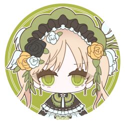  1girl artist_request blonde_hair bonnet border chibi chibi_only copyright_notice dress earrings flower frills green_bonnet green_eyes hair_flower hair_ornament highres jewelry lolita_fashion long_hair long_sleeves looking_at_viewer mahou_shoujo_no_majo_saiban no_mouth official_art profile_picture rose round_border solo tono_hanna twintails white_flower white_rose winged_hat yellow_flower yellow_rose 