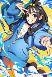  1girl black_hair blue_hoodie commentary_request double_v earclip grey_eyes grin happy highres hood hood_down hoodie leggings lida_(pokemon) long_hair mixed-language_commentary pokemon pokemon_legends:_z-a print_shirt ribbed_socks shirt shoes sidelocks smile socks solo sparkle teeth v water water_drop white_leggings white_shirt white_shoes white_socks yasumi-sensei yellow_background 