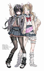  2girls aqua_eyes arm_up armband ballet_slippers black_choker black_hair black_leggings black_necktie black_socks blonde_hair blue_skirt bow bowtie brown_shirt buttons cardigan choker commentary cross cross_necklace frilled_armband frilled_thigh_strap frills full_body garter_straps grey_cardigan hair_ornament hair_ribbon hairclip hand_on_own_hip hands_up heart_button highres holding_strap jewelry kneehighs layered_skirt leggings long_hair looking_at_viewer loose_socks miniskirt multiple_girls multiple_hairclips necklace necktie original oto1_030 oversized_clothes oversized_shirt parallel_hairclips pink_eyes pink_ribbon pink_skirt pleated_skirt red_bow red_bowtie ribbon school_uniform serafuku shirt shoes simple_background single_garter_strap skindentation skirt sneakers socks thigh_strap twintails v white_background white_shirt white_shoes white_skirt white_socks yellow_cardigan 