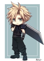 1boy armor artist_name baggy_pants belt belt_buckle black_gloves blonde_hair blue_eyes buckle buster_sword closed_mouth cloud_strife earrings final_fantasy final_fantasy_vii final_fantasy_vii_remake full_body gloves hair_between_eyes highres holding holding_sword holding_weapon jewelry looking_at_viewer male_focus pants ribbed_sweater short_hair shoulder_armor sleeveless sleeveless_turtleneck solo spiky_hair standing stud_earrings sweater sword turtleneck turtleneck_sweater weapon yukiko_(leovioykk) 