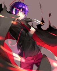  1boy black_shirt blue_eyes blue_hair commentary cowboy_shot devil_survivor_(series) devil_survivor_1 english_commentary from_side headphones long_sleeves megami_tensei pants protagonist_(devil_survivor) qitoli red_pants serious shirt short_hair solo third-party_source 