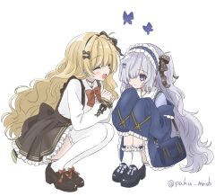  2girls :d ^_^ artist_name black_shoes blonde_hair blue_jacket bow braid bug butterfly closed_eyes closed_mouth commentary_request cross-laced_clothes cross-laced_sleeves frilled_skirt frilled_sleeves frills hair_bow hair_over_one_eye highres jacket jacket_partially_removed long_hair long_sleeves mahou_shoujo_no_majo_saiban multiple_girls natsume_an-an off_shoulder official_alternate_costume one_eye_covered open_mouth orange_background puku_mnsb purple_butterfly purple_shirt saeki_miria shirt shoes signature simple_background sitting skirt sleeves_past_fingers sleeves_past_wrists smile socks squatting suspender_skirt suspenders thigh-highs twitter_username violet_eyes white_background white_hair white_shirt white_socks white_thighhighs 