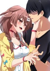  1boy 1girl animal_collar animal_ears black_hair black_shirt blush bone_hair_ornament braid brown_eyes brown_hair cartoon_bone clothing_request collar commentary_request dog_ears dog_girl faceless faceless_male fang fingernails fuyumi_kazuki hair_between_eyes hair_ornament hand_on_another's_hand hand_on_another's_neck highres hololive hololive_gamers inugami_korone inugami_korone_(1st_costume) jacket low_twin_braids open_mouth orange_nails red_collar shaded_face shirt short_sleeves smile sweat translation_request twin_braids virtual_youtuber yellow_jacket 