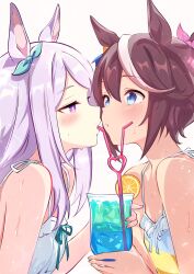  2girls absurdres animal_ears blue_eyes blush bow brown_hair commentary commission crazy_straw cup drinking_glass drinking_straw ear_bow ear_ornament english_commentary food from_side fruit green_bow hair_between_eyes hair_bow heart_straw highres horse_ears horse_girl kanon_(floralcanon) long_hair looking_at_mirror mejiro_mcqueen_(umamusume) mirror multiple_girls orange_(fruit) orange_slice pink_bow purple_hair second-party_source simple_background skeb_commission spaghetti_strap sweat tokai_teio_(umamusume) umamusume upper_body violet_eyes white_background yuri 