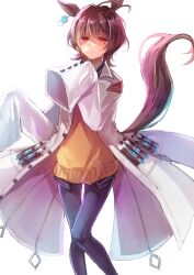  1girl agnes_tachyon_(tach-nology)_(umamusume) agnes_tachyon_(umamusume) ahoge animal_ears black_pantyhose brown_hair chemical_structure closed_mouth coat commentary_request cork earrings hair_between_eyes highres horse_ears horse_girl horse_tail jewelry lab_coat long_sleeves necktie pantyhose red_eyes remokawa shirt short_necktie simple_background single_earring sleeves_past_fingers sleeves_past_wrists solo sweater sweater_vest tail test_tube umamusume white_background white_coat wolf_cut yellow_sweater yellow_sweater_vest 