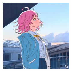  1girl absurdres ahoge blue_jacket blue_skirt blush border commentary_request cowboy_shot highres hood hood_down hooded_jacket jacket kishimen_hair looking_ahead love_live! love_live!_nijigasaki_high_school_idol_club medium_hair neck_ribbon nijigasaki_school_uniform open_clothes open_jacket outdoors photo_background pink_hair pleated_skirt profile ribbon school_uniform shirt sidelocks signature skirt solo summer_uniform tennoji_rina uyu1023 white_border white_shirt yellow_ribbon 