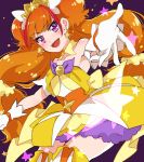  1girl :d amanogawa_kirara brown_hair cowboy_shot cure_twinkle earrings gloves go!_princess_precure jewelry long_hair magical_girl multicolored_hair open_mouth precure purin_(purin0) purple_background quad_tails redhead skirt smile solo star star_earrings streaked_hair thigh-highs twintails two-tone_hair violet_eyes white_gloves 