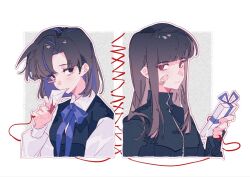  2girls araya_(project_moon) bandaid bandaid_on_face black_eyes black_hair black_track_suit blue_streaks box commentary_request gift gift_box holding holding_gift letter limbus_company long_hair looking_at_another mother_and_child mother_and_daughter multicolored_hair multiple_girls odonate parent_and_child project_moon red_eyes ryoshu_(project_moon) school_uniform short_hair streaked_hair string string_of_fate track_suit 