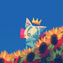  1girl animal_ear_fluff animal_ears blue_background camisole cat_ears collarbone commentary cross-shaped_pupils crown english_commentary field finger_to_mouth flower flower_field hair_between_eyes hair_intakes highres index_finger_raised long_hair looking_at_viewer no_mouth original septem_(catnokingb612) signature solo standing sunflower sunflower_field symbol-shaped_pupils white_hair 