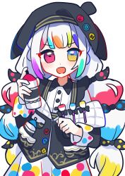  1girl :d absurdres artist_name beret black_hat black_jacket bow collared_shirt colored_tips commentary_request contrast_collar dot_nose hair_bow hat heterochromia highres holding holding_spray_can jacket jacket_partially_removed jogasaki_noah long_hair long_sleeves looking_at_viewer mahou_shoujo_no_majo_saiban manosaka665 multi-tied_hair multicolored_eyes multicolored_hair neck_ribbon off_shoulder open_mouth paintbrush polka_dot polka_dot_bow polka_dot_skirt red_eyes ribbon shirt signature skirt smile solo spray_can streaked_hair twitter_username upper_body v-shaped_eyebrows white_hair white_shirt yellow_eyes 