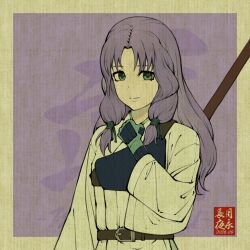  1girl belt brown_belt clenched_hand cropped faux_traditional_media fire_emblem fire_emblem:_the_blazing_blade florina_(fire_emblem) green_eyes hand_on_own_chest high-waist_belt holding holding_polearm holding_weapon long_hair looking_at_viewer low_twintails nihonga polearm purple_hair solo twintails ukiyo-e upper_body weapon yonaga_nagaduki 