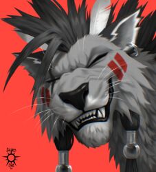  1boy artist_logo artist_name closed_eyes earrings english_commentary fangs final_fantasy final_fantasy_vii garolineart jewelry logo looking_at_viewer red_background red_xiii scar scar_across_eye scar_on_face whiskers 