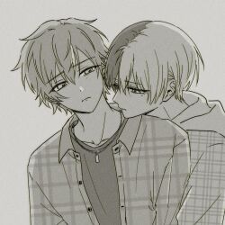  2boys aoyagi_touya buttons closed_mouth collared_shirt commentary grey_background greyscale hair_between_eyes head_on_another's_shoulder jewelry katsudon_(prsk_ebiiii) layered_clothes looking_at_another male_focus mole mole_under_eye monochrome multicolored_hair multiple_boys necklace plaid_clothes plaid_shirt project_sekai shinonome_akito shirt short_hair simple_background split-color_hair streaked_hair two-tone_hair unbuttoned untranslatable_commentary upper_body wing_collar 