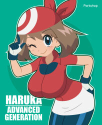 1girl artist_name bandana blue_eyes blush breasts brown_hair character_name commentary copyright_name english_commentary flat_color hand_on_own_hip highres large_breasts may_(pokemon) pokemon pokemon_(anime) pokemon_ruby/sapphire/emerald porkchop95 red_bandana simple_background solo wide_hips 