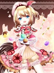  1girl blonde_hair blue_eyes blush cake commentary_request cupcake dress flower_ornament food frilled_dress frilled_thigh_strap frills hair_ornament hat hat_feather holding holding_food long_sleeves looking_at_viewer macaron magical_girl mahou_shoujo_ikusei_keikaku mahou_shoujo_ikusei_keikaku_restart mifuku multicolored_hair open_mouth pechika_(mahoiku) plate rooster_tail short_hair smile solo thigh_strap 