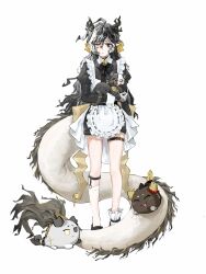  1boy absurdres aged_down alternate_costume animal apron arknights bell black_cat black_dress black_hair black_ribbon black_shoes cat chinese_commentary closed_mouth collared_dress colored_extremities commentary_request crossdressing crossdressing_(mtf) dragon_bean_(arknights) dragon_boy dragon_horns dragon_tail dress eastern_dragon_horns eastern_dragon_tail enmaided frilled_apron frills full_body hair_between_eyes heterochromia highres holding holding_animal holding_cat horns juliet_sleeves liangqiu long_hair long_sleeves looking_at_viewer maid maid_apron male_focus male_maid multicolored_hair neck_bell neck_ribbon pointy_ears puffy_sleeves ribbon shoes simple_background socks solo standing streaked_hair tail thigh_strap waist_apron wang's_cat_(arknights) wang_(arknights) white_apron white_background white_hair white_socks yellow_eyes 