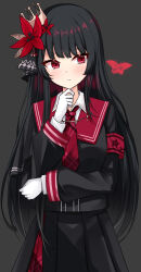  1girl armband black_capelet black_hair black_shirt black_skirt bug butterfly capelet closed_mouth collared_shirt commentary_request cowboy_shot crown dot_nose flower gloves grey_background hair_flower hair_ornament hand_on_own_chin highres layered_skirt long_hair long_skirt long_sleeves mahou_shoujo_no_majo_saiban mini_crown necktie nikaido_hiro overskirt plaid_armband plaid_clothes plaid_necktie plaid_skirt pleated_skirt red_armband red_butterfly red_eyes red_flower red_necktie red_skirt shipua_(the_worst_night_ever) shirt side_capelet skirt solo straight-on white_gloves white_shirt 