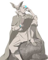  1boy aang animal animal_on_shoulder arrow_(symbol) arrow_tattoo avatar_aang:_the_last_airbender avatar_legends baggy_pants bald blue_tattoo concept_art forehead_tattoo highres holding holding_paper ki_hyun_ryu leaning_on_self leg_up lemur lemur_ears limited_palette looking_at_another looking_at_object momo_(avatar) monk official_art on_rock pants paper production_art reading robe rock shaved_head simple_background sitting tattoo white_background 
