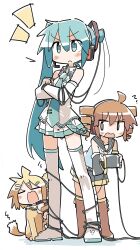 3girls :( angry cyan_eyes dog_costume grumpy hatsune_miku headphones kagamine_rin kasane_teto long_hair pink_cheeks pleated_skirt short_hair short_skirt white_background white_shirt