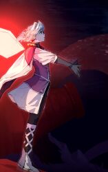  1girl armor black_gloves black_pants blue_hair boots cape earrings elbow_gloves from_side full_body gloves glowing glowing_wings grandia grandia_i grey_boots highres jewelry leen_(grandia) outstretched_arms pants purple_armor purple_vest shirt short_hair solo standing vest white_cape white_shirt wings witchwired 