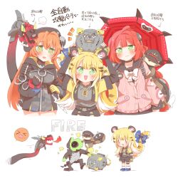  3girls 4others ammunition animal_ear_fluff animal_ears animal_on_shoulder arrow_(symbol) asymmetrical_gloves backpack bag black_hat black_horns black_sailor_collar blonde_hair blush bow braid braided_twintails cardigan charm_(object) chest_ribbon colored_inner_hair dragon_girl dragon_horns dress ethereal_(zenless_zone_zero) fang fingerless_gloves fire gloves green_eyes gun hair_ornament hat hearing_aid high-waist_shorts highres holding holding_knife holding_umbrella holding_weapon horns hu_wei_(zenless_zone_zero) jacket ju_fufu kamanosuke_(zenless_zone_zero) knife long_hair looking_at_another looking_at_viewer magus_(zenless_zone_zero) mechanical_horns mechanical_tail medallion mismatched_gloves multicolored_hair multiple_girls multiple_others open_mouth orange_fur orange_hair orange_pupils orphie_magnusson pink_cardigan punching raccoon rebecca_(keinelove) red_hair red_umbrella sailor_collar shorts single_fingerless_glove smile sphere_hair_ornament striped_fur striped_hair tail tail_bow tail_ornament tanuki thigh_strap tiger_ears tiger_girl tiger_stripes tiger_tail ukinami_yuzuha umbrella weapon white_background yellow_gloves yellow_jacket zenless_zone_zero zipper_dress 