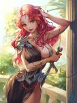  1girl breasts brown_eyes cleavage heart heart-shaped_pupils kakiman large_breasts lips long_hair looking_at_viewer open_mouth original redhead sheath smile solo sword symbol-shaped_pupils unsheathing weapon 