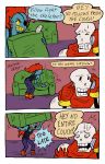  /\/\/\ 1boy 1girl 3koma blue_skin cellphone comic couch english eyepatch gameplay_mechanics head_fins highres lifting monster_girl o_o papyrus_(undertale) peppermintbee phone pillow ponytail redhead scarf sharp_teeth skeleton teeth undertale undyne yellow_sclera 