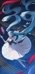  1girl absurdly_long_hair absurdres aqua_eyes aqua_hair arm_at_side bare_shoulders black_bodice black_bow black_bowtie black_hairband black_shoes blue_eyes bow bowtie commentary detached_collar dress elbow_gloves full_body gloves hairband hatsune_miku high_heels highres large_bow long_hair looking_ahead looking_at_object pantyhose pleated_dress puritan_collar raised_eyebrows shoes signature sleeveless sleeveless_dress solo stiletto_heels strappy_heels symphony_miku symphony_miku_(2024) treble_clef twintails twitter_username untranslatable_commentary very_long_hair vocaloid watermark white_dress white_gloves white_pantyhose yukihira_makoto 