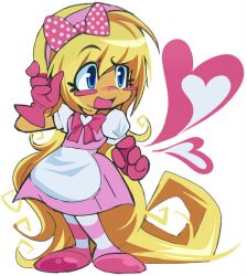  1girl apron blonde_hair blue_eyes blush_stickers bow bow_hairband bowtie breasts colored_skin dress full_body gloves hairband heart onukogirl original pantyhose pinafore_dress pink_bow pink_bowtie pink_dress pink_gloves pink_hairband pink_shoes polka_dot polka_dot_bow puffy_short_sleeves puffy_sleeves shoes short_sleeves sleeveless sleeveless_dress small_breasts solo striped_clothes striped_pantyhose white_apron white_background yellow_skin 