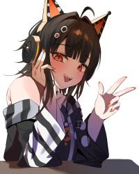  1girl :d absurdres ahoge animal_ear_headphones animal_ears arm_belt asymmetrical_sleeves bare_shoulders belt_collar black_choker black_hair black_sweater cat_ear_headphones cat_ears choker collar eyeball_hair_ornament fake_animal_ears headphones highres long_sleeves looking_at_viewer mahou_shoujo_no_majo_saiban multicolored_hair nail_polish off-shoulder_sweater off_shoulder open_mouth orange_eyes orange_nails orange_streaks sawatari_coco sharp_teeth shirt short_hair simple_background single_bare_shoulder sleeveless sleeveless_shirt smile solo streaked_hair striped_sleeves sweater table teeth toraneko21_7 upper_body upper_teeth_only w whip white_shirt 