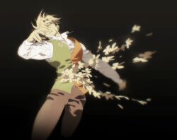  1boy black_background blonde_hair collared_shirt colored_skin commentary_request deltarune flower flowery_(deltarune) green_vest highres injury korean_commentary male_focus multicolored_vest open_mouth orange_vest pants shirt short_hair simple_background smile_g spoilers two-tone_vest undercut utdr_(toby_fox) vest white_shirt yellow_skin 