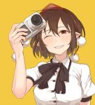  1girl black_hair camera grin hat one_eye_closed pointy_ears pom_pom_(clothes) red_eyes shameimaru_aya shirt short_hair smile solo tokin_hat touhou yasakae 